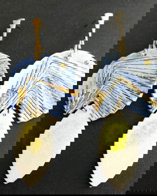 Cercei din portelan si sticla, pictati cu luster de aur si tortite din argint placate cu aur de 14K - GEOMETRIC