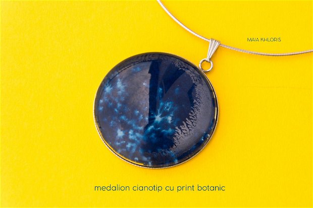 Set medalion si inel cianotip statement cu print botanic