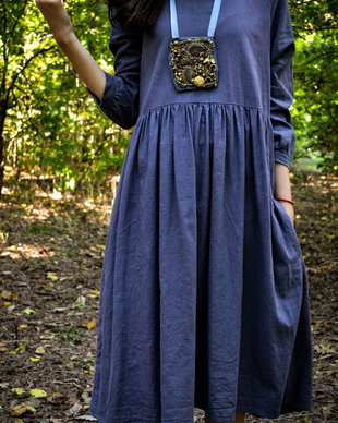 Rochie midi din in de culoare gri cu talie lejeră
