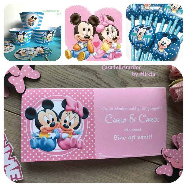 Plic bani gemeni Minnie si Mickey mouse/Place card botez gemeni