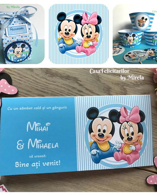 Plic bani gemeni Minnie si Mickey mouse/Place card botez gemeni