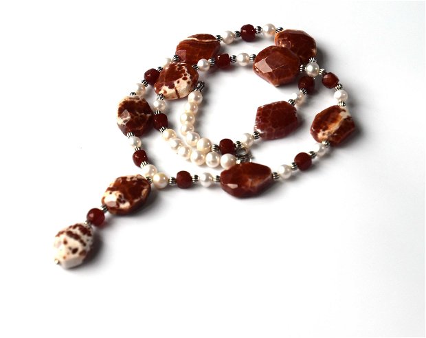 Colier din agate de foc, carneol si perle de cultura cu accesorii de argint 925