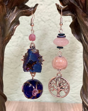 CERCEI LUNGI,ASIMETRICI-agata druzy,cuarț roz,lampwork,turmalină,hematit,zamac argintat