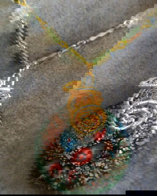 Colier handmade cu cristale tip swarovski,sarma de cupru placata cu aur si pandantiv murano millefiori
