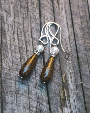 Cercei bronzit si perle, cu accesorii de argint 925