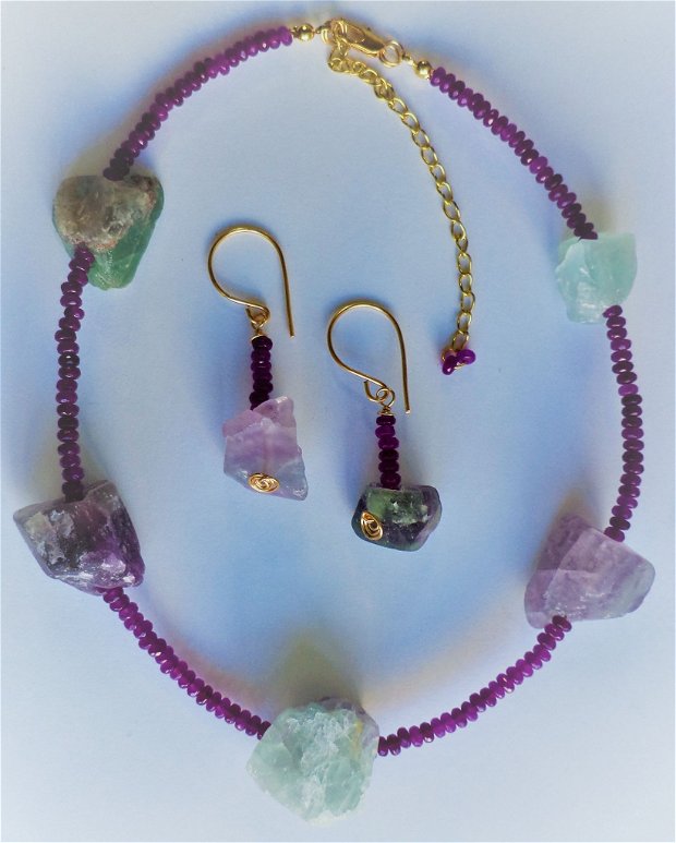 Set bijuterii handmade cu agate  si bolovanasi din fluorit