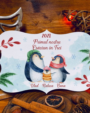 Placuta Personalizata de Craciun - Penguin Family