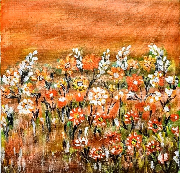 Tablou ,,Lan cu Flori" pictat în culori acrilice pe pânză,Flori,Natură 15-15 cm