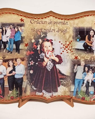 Placheta din lemn cu colaj foto / mesaj, tema de Craciun