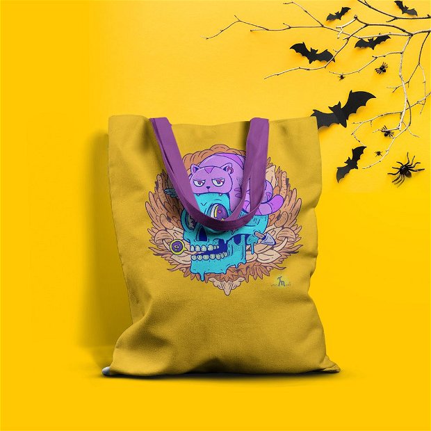 Geanta Handmade Tote Basic, Halloween Pisicuta pe Craniu, Multicolor, 43x37 cm