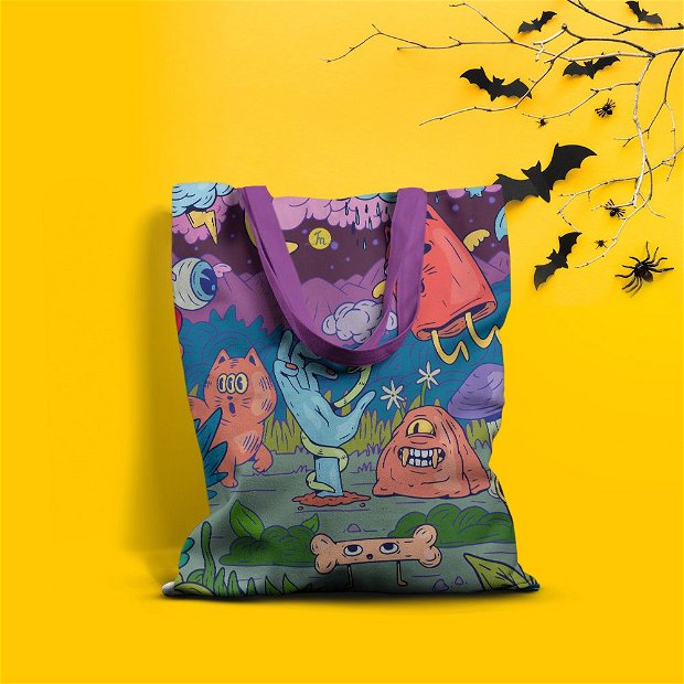 Geanta Handmade Tote Basic, Creaturile din Noaptea de Halloween, Multicolor, 43x37 cm