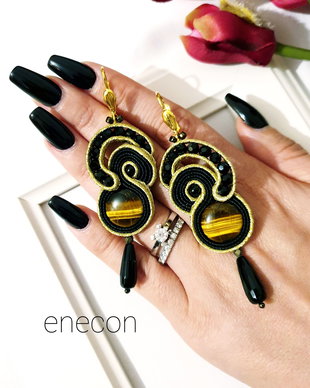 Cercei auriu cu negru, Cercei soutache,  Onix si ochi de tigru