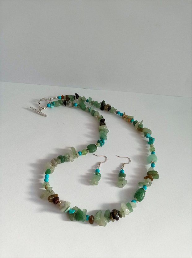 Set semiprețioase compus din colier și cercei din pietre naturale de Aventurin și Turquoise, Verde 53 cm