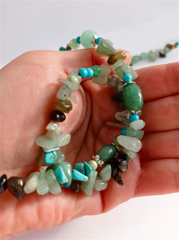 Set semiprețioase compus din colier și cercei din pietre naturale de Aventurin și Turquoise, Verde 53 cm