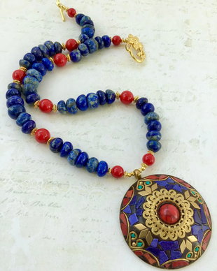 Colier nepalez coral & lapis lazuli