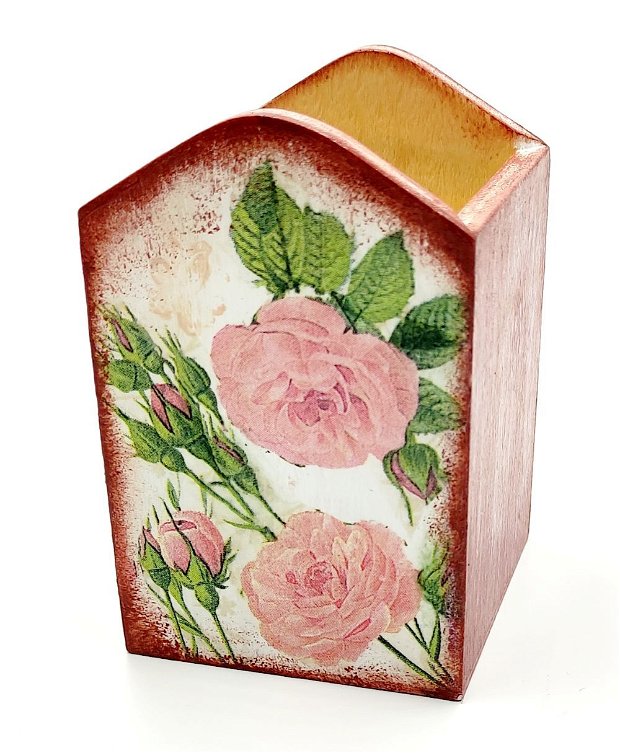 Suport din lemn pentru instrumente de scris, design cu trandafiri si pasari 2130