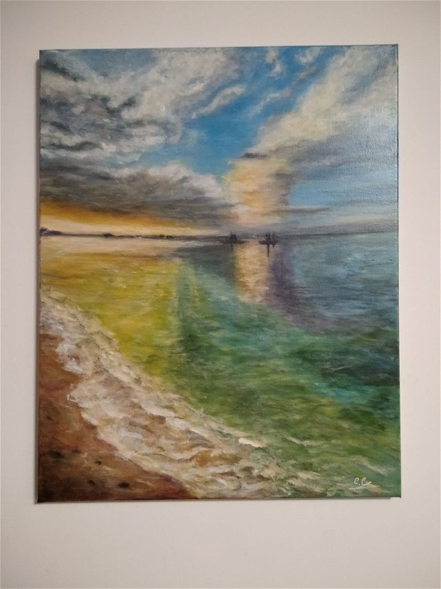 Tablou pictat, peisaj marin, "Zi insorita pe mare"