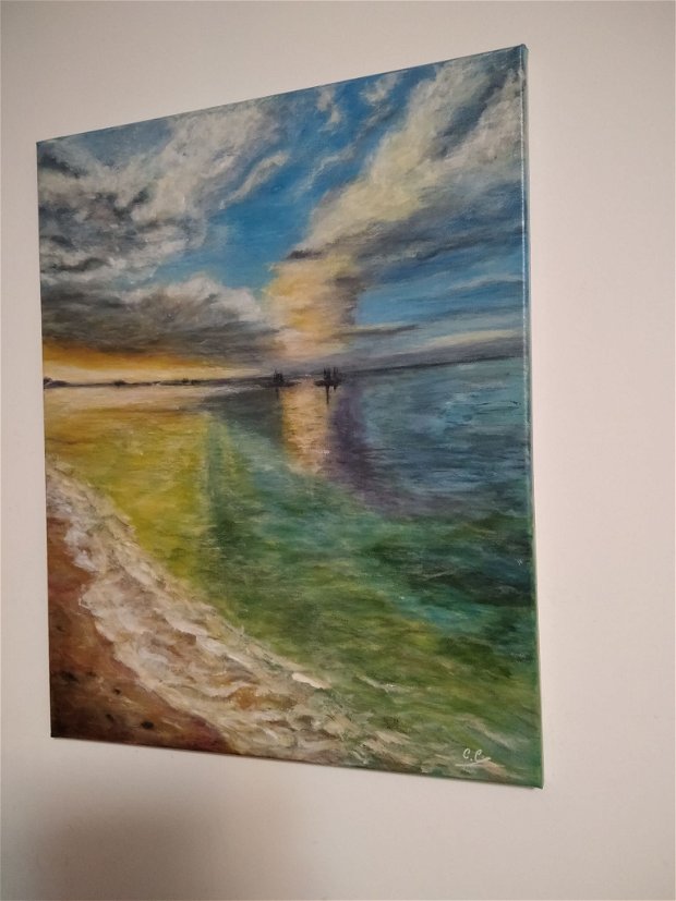 Tablou pictat, peisaj marin, "Zi insorita pe mare"