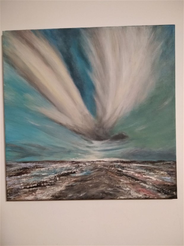 "Blue Sky"  tablou pictat manual in acrilic pe canvas; 40/40/2cm