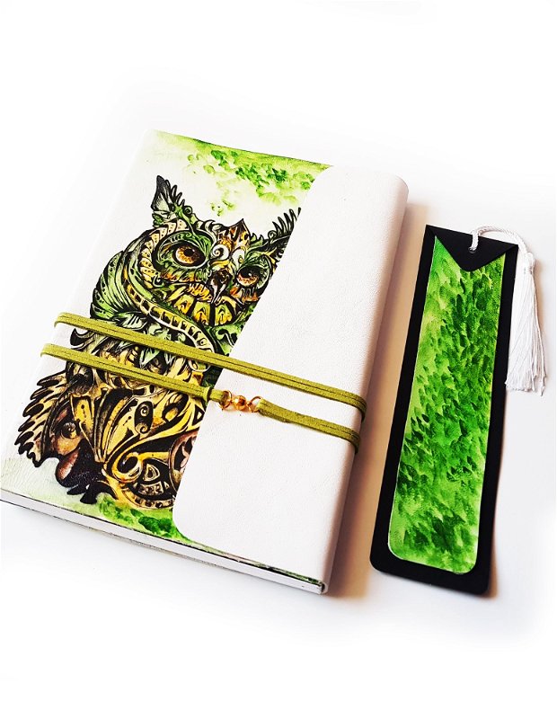 SET Bufnița verde - piele naturală: jurnal și semn de carte