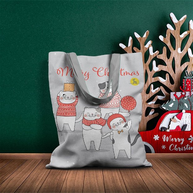 Geanta Handmade Tote Basic, Merry Christmas Urare de Craciun cu Pisici, Multicolor, 43x37 cm