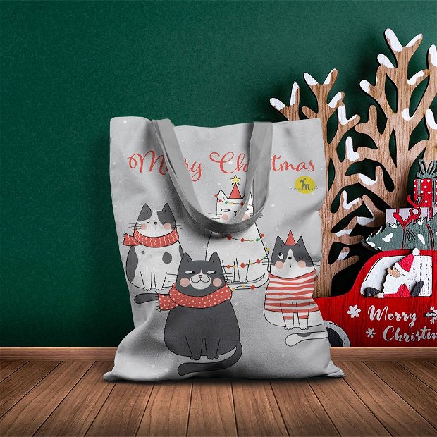 Geanta Handmade Tote Basic, Merry Christmas Urare de Craciun de la 4 Pisici, Multicolor, 43x37 cm