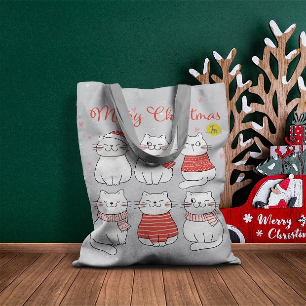 Geanta Handmade Tote Basic, Merry Christmas Urare de Craciun de la 6 Pisici, Multicolor, 43x37 cm