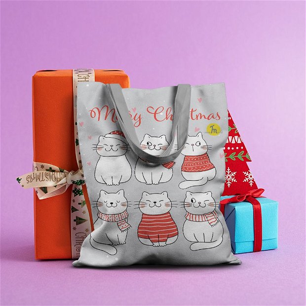 Geanta Handmade Tote Basic, Merry Christmas Urare de Craciun de la 6 Pisici, Multicolor, 43x37 cm