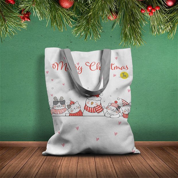 Geanta Handmade Tote Basic, Merry Christmas Urare de Craciun de la 5 Pisici, Multicolor, 43x37 cm