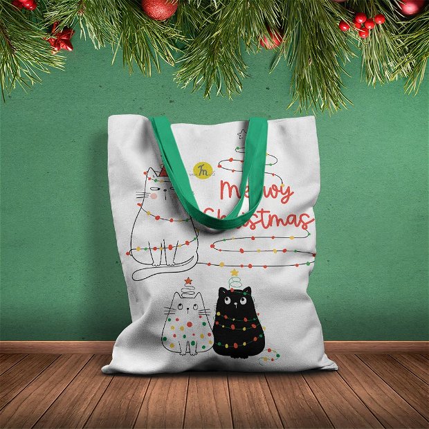 Geanta Handmade Tote Basic, Meowy Christmas Urare de Craciun de la 3 Pisici, Multicolor, 43x37 cm