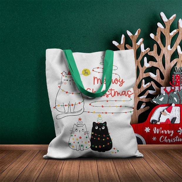 Geanta Handmade Tote Basic, Meowy Christmas Urare de Craciun de la 3 Pisici, Multicolor, 43x37 cm