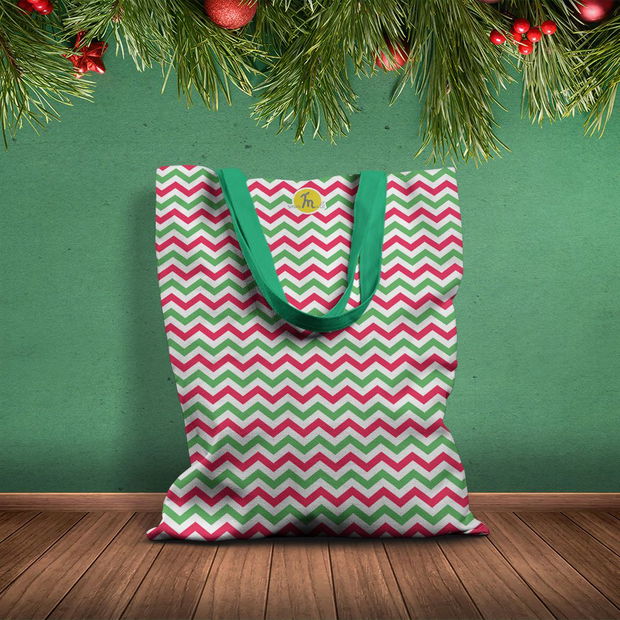 Geanta Handmade Tote Basic, Zig-Zag in Culori de Craciun, Multicolor, 43x37 cm