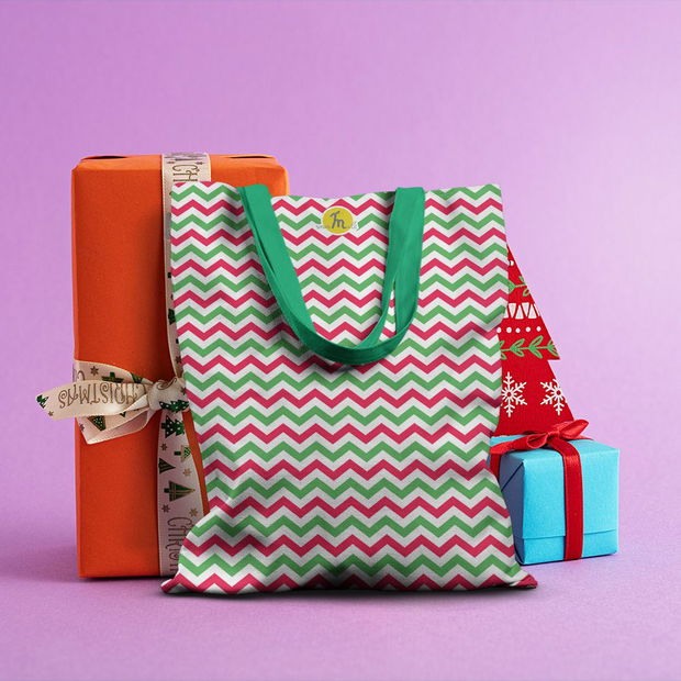 Geanta Handmade Tote Basic, Zig-Zag in Culori de Craciun, Multicolor, 43x37 cm