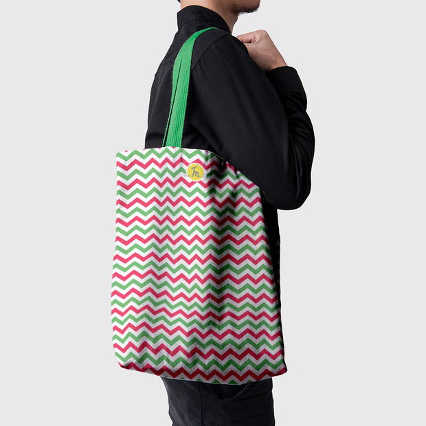 Geanta Handmade Tote Basic, Zig-Zag in Culori de Craciun, Multicolor, 43x37 cm