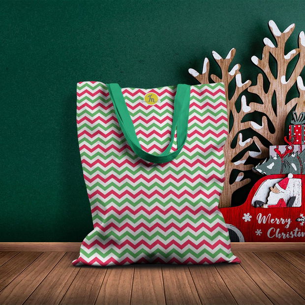 Geanta Handmade Tote Basic, Zig-Zag in Culori de Craciun, Multicolor, 43x37 cm