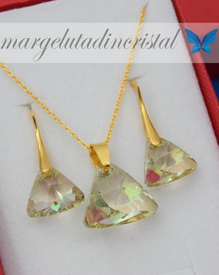 Set Swarovski / Triunghi / Luminous Green / Argint 925 placat cu aur