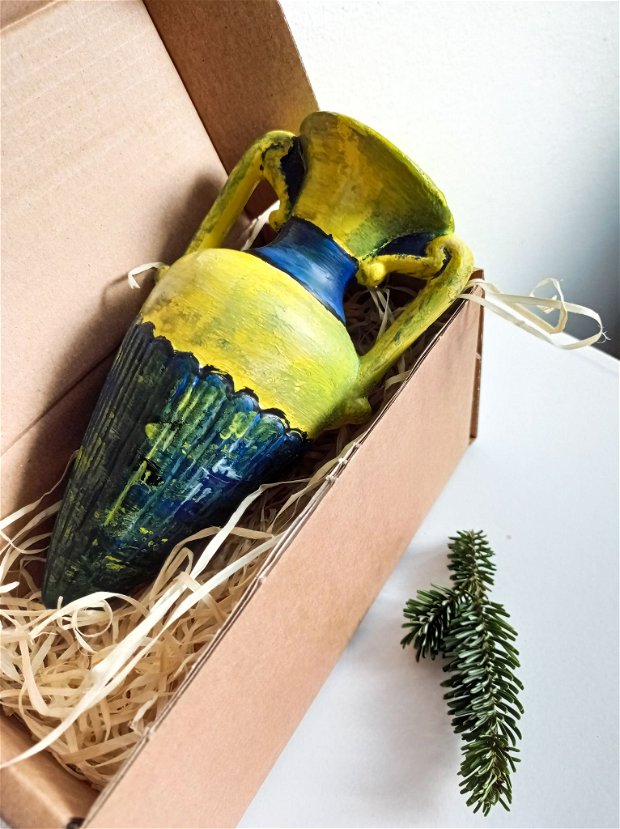 Cadouri Crăciun - Amforă decorativă din ceramică pictată manual, Albastru și Galben 21-9 cm
