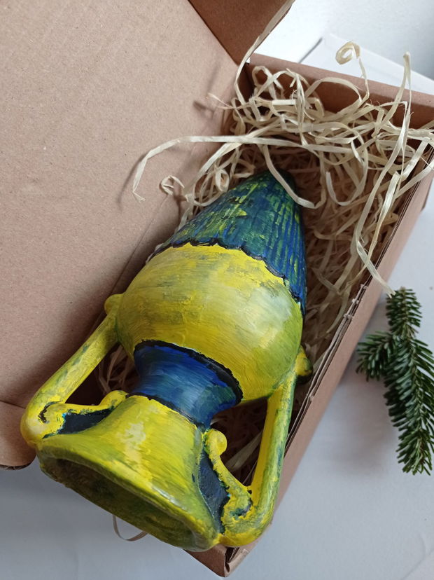 Cadouri Crăciun - Amforă decorativă din ceramică pictată manual, Albastru și Galben 21-9 cm