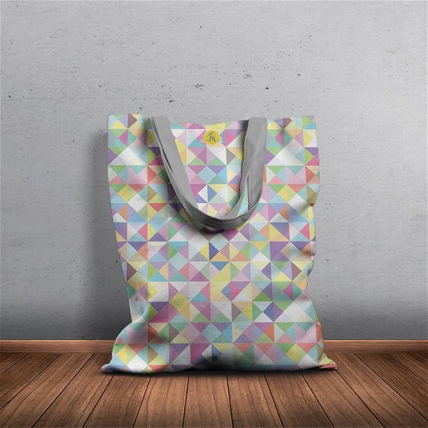 Geanta Handmade Tote Basic, Abstract Abundenta de Triunghiuri Subtile, Multicolor, 43x37 cm