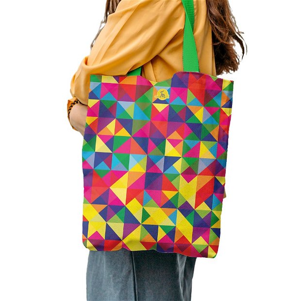 Geanta Handmade Tote Liner cu Captuseala, Abstract Rubix Cube, Multicolor, 45x37 cm