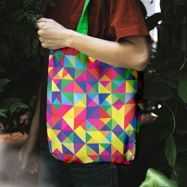 Geanta Handmade Tote Liner cu Captuseala, Abstract Rubix Cube, Multicolor, 45x37 cm