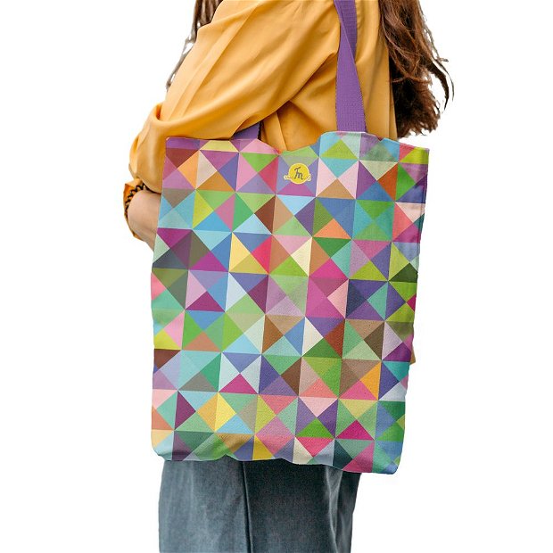 Geanta Handmade Tote Liner cu Captuseala, Abstract Triunghiuri si Patrate In Culori Vintage, Multicolor, 45x37 cm