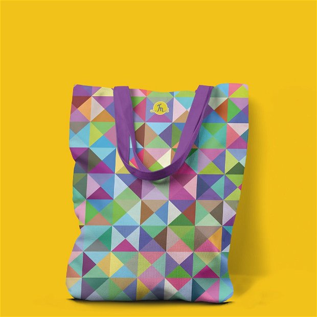 Geanta Handmade Tote Liner cu Captuseala, Abstract Triunghiuri si Patrate In Culori Vintage, Multicolor, 45x37 cm