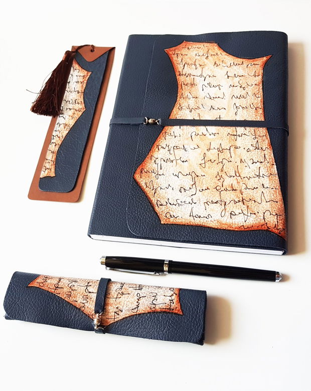 SET cu pergament - piele naturală: jurnal, penar, stilou, semn de carte