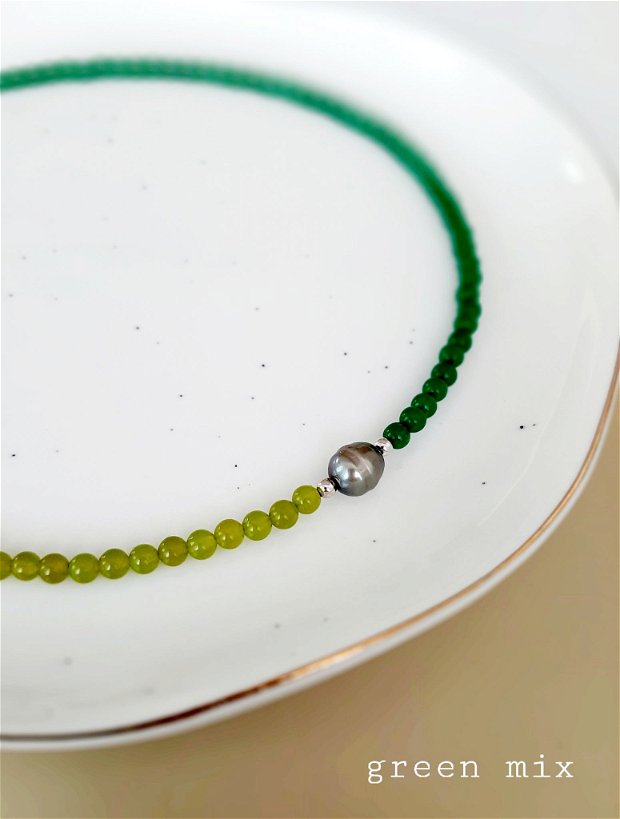 Colier/Choker  din argint 925, jad verde și perlă de cultură GREEN MIX
