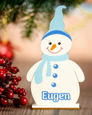 Decoratiune lemn personalizata cu nume - Om de zapada (baiat)