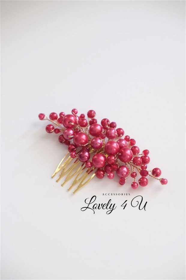 ALISA  - Accesoriul de păr roșu cu perle și pietricele