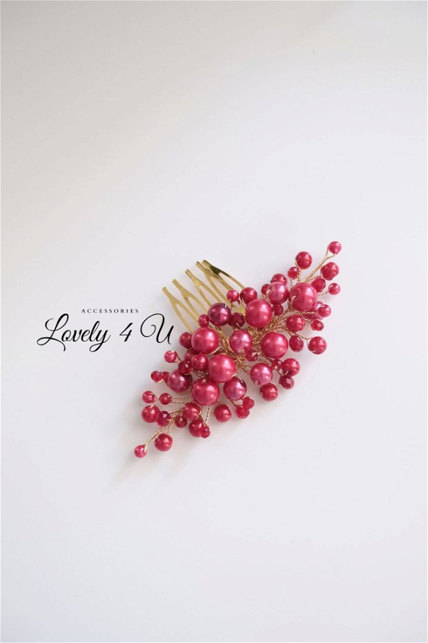ALISA  - Accesoriul de păr roșu cu perle și pietricele