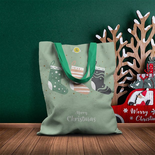 Geanta Handmade Tote Basic, Merry Christmas Sosete de Craciun, Multicolor, 43x37 cm