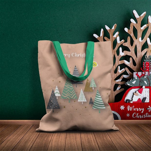 Geanta Handmade Tote Basic, Merry Christmas Brazi Diversi de Craciun, Multicolor, 43x37 cm
